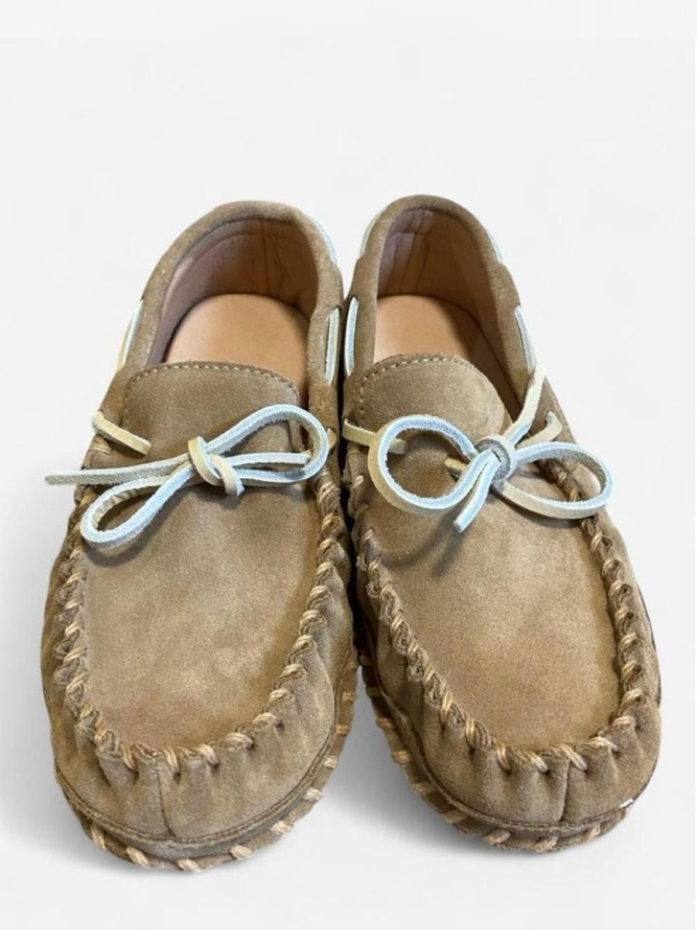 L.L. Bean Women's Tan Suede Moccasin Slippers with Cream Laces Size 7
